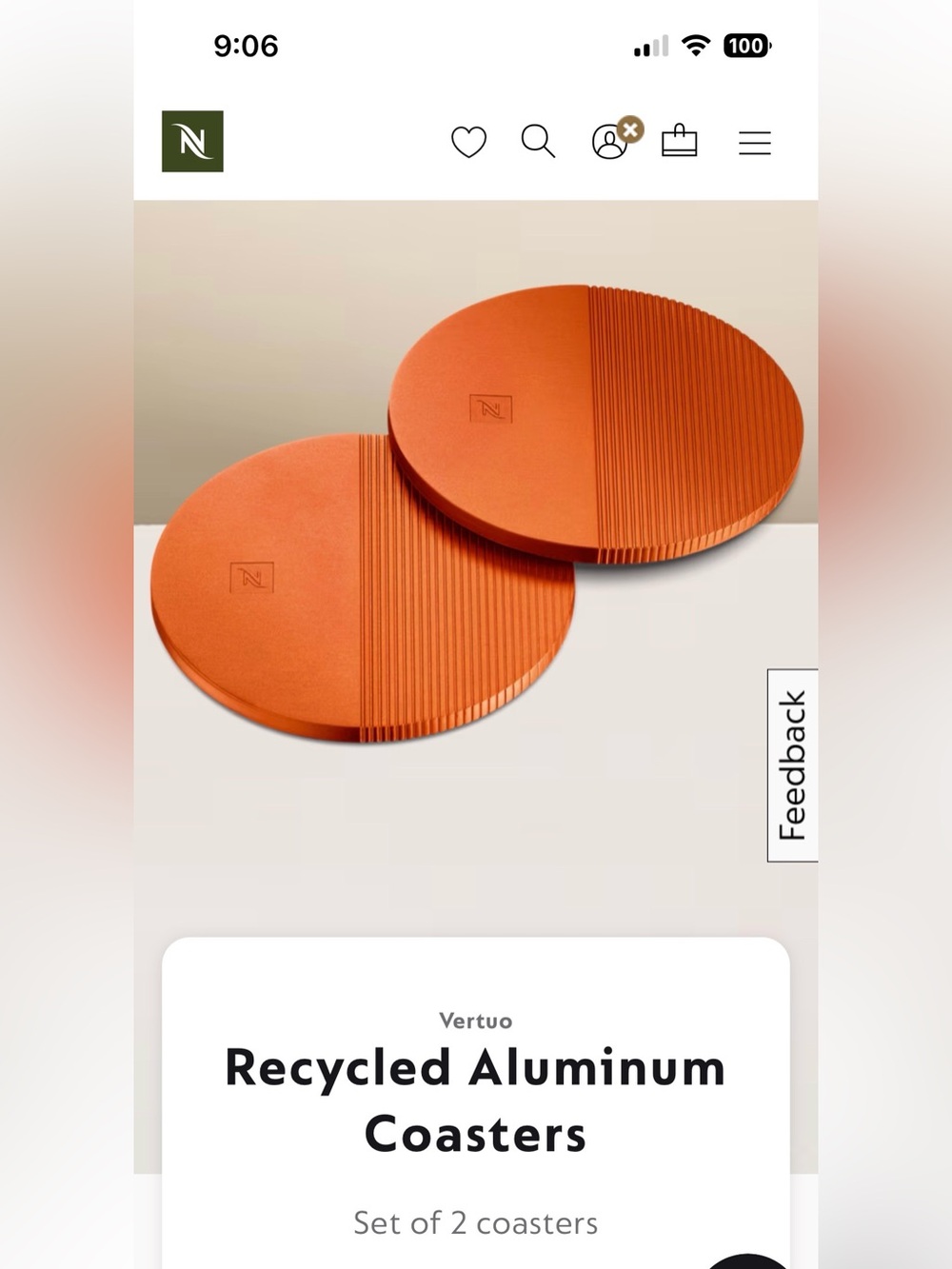 Nespresso Orange Round Metal Coasters with Rubber Feet - Pair